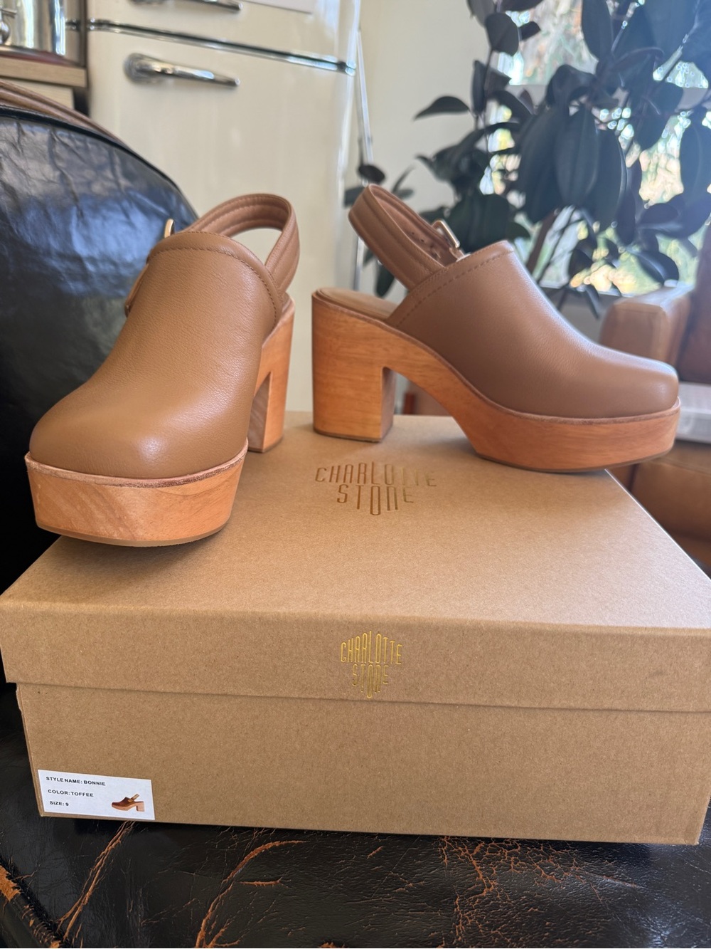Charlotte Stone Bonnie Leather Platform Slingback Clogs in Toffee